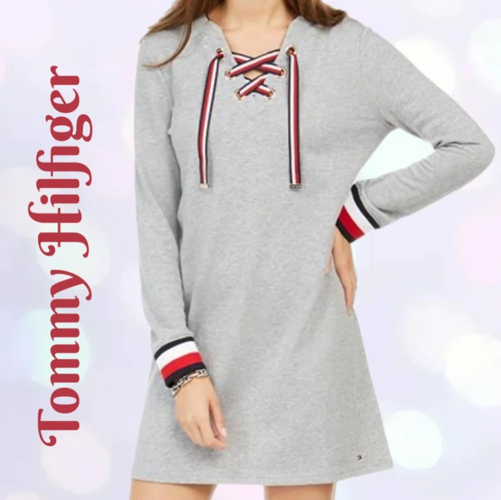 Tommy Hilfiger Mini Sweatshirt Dress Womens Sz L Gray With Red White & Blue